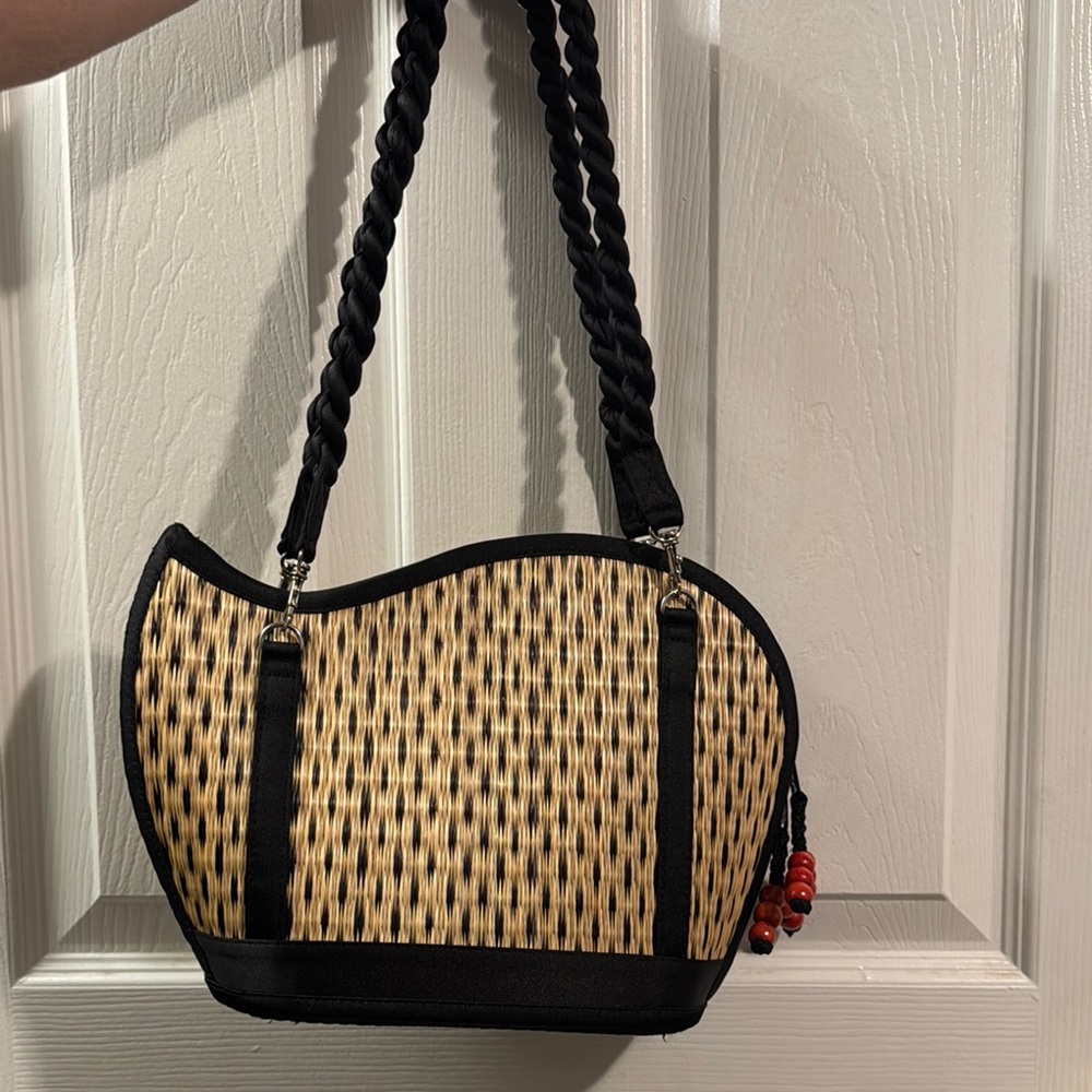 Black and Tan Crescent Shoulder Bag with Braided Strap